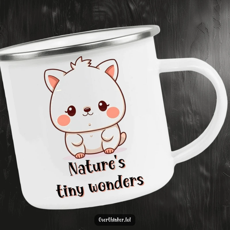 Funny kawaii camping mug with a cute animal character intently focused on a tiny speck, ideal for outdoor observation and warm drinks.