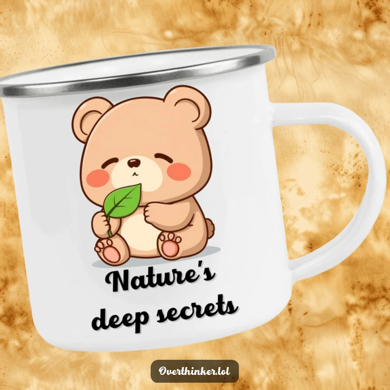Funny Kawaii bear camping mug, a cute character contemplating nature and a leaf, adding humor to outdoor adventures.