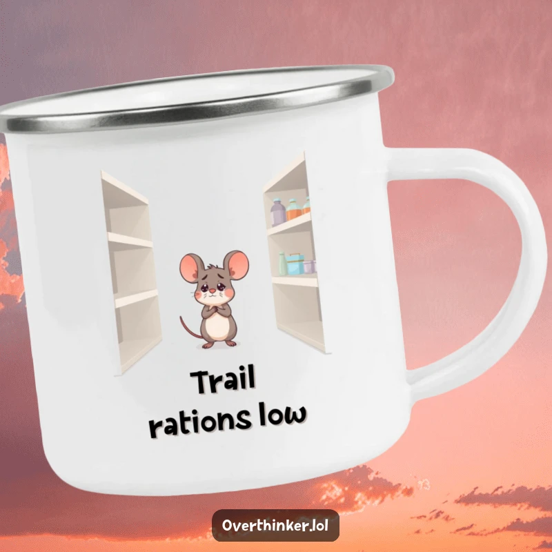 Funny camping mug featuring a worried mouse and an empty pantry, bringing humor to outdoor adventures and snack breaks.