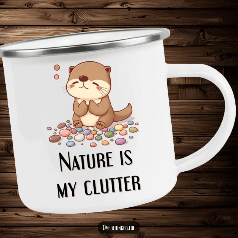 Funny camping mug showing an overthinking otter humorously sorting pebbles, perfect for enjoying beverages in the great outdoors with a smile.