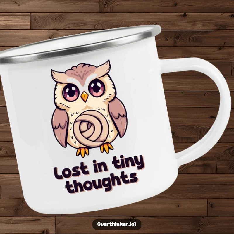 Funny Owl Camping Mug: wide-eyed owl lost in thought over a tiny knot, perfect for outdoor humor.