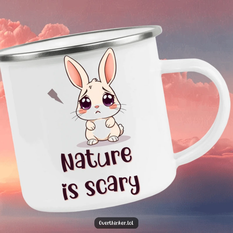 Funny camping mug featuring a rabbit with worried eyes staring at a dark shadow. Humorous and durable for outdoor enthusiasts.