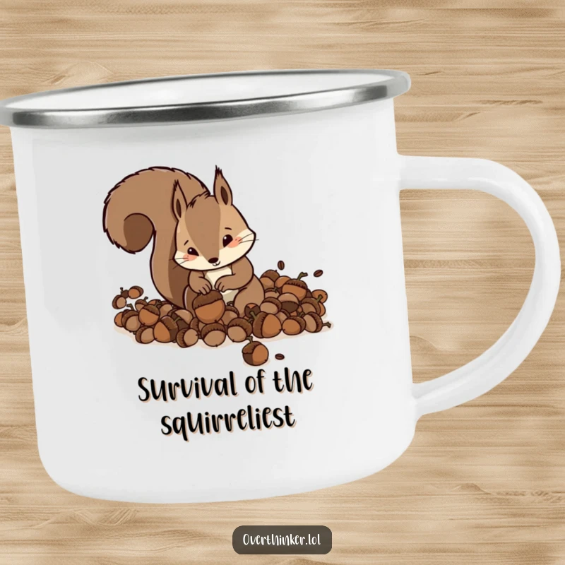 Funny Squirrel Camping Mug: a frantic squirrel burying acorns, perfect for outdoor humor.
