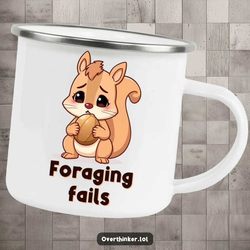 Funny squirrel camping mug with a perplexed character holding a nut, designed for humorous outdoor enjoyment. Great gift.