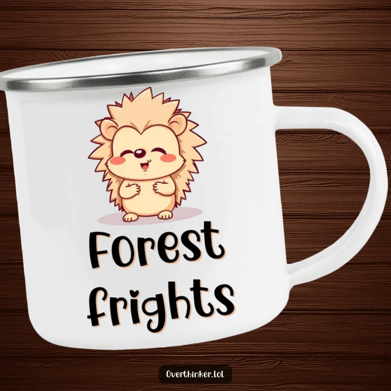 Funny camping mug with a cheerful hedgehog looking worriedly at its shadow, for outdoor contemplation.