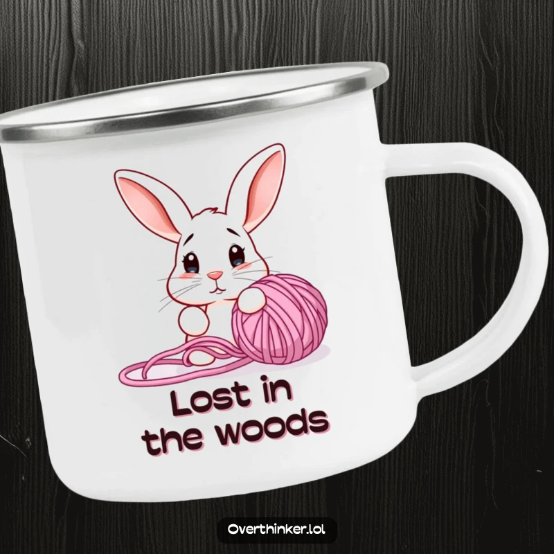 Funny camping mug with a confused rabbit staring at a tangled yarn ball, perfect for crafty outdoorsy types.