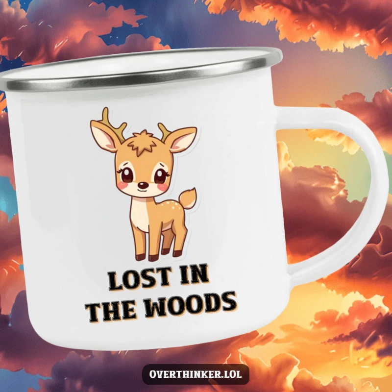 Funny camping mug featuring a deer character with a confused expression watching its own tail, perfect for outdoor enthusiasts with a sense of humor.