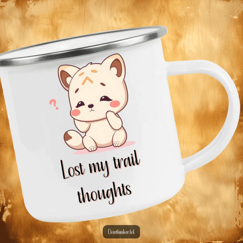 Funny camping mug featuring an animal character comically tapping its head, perfect for outdoor contemplation and humor.