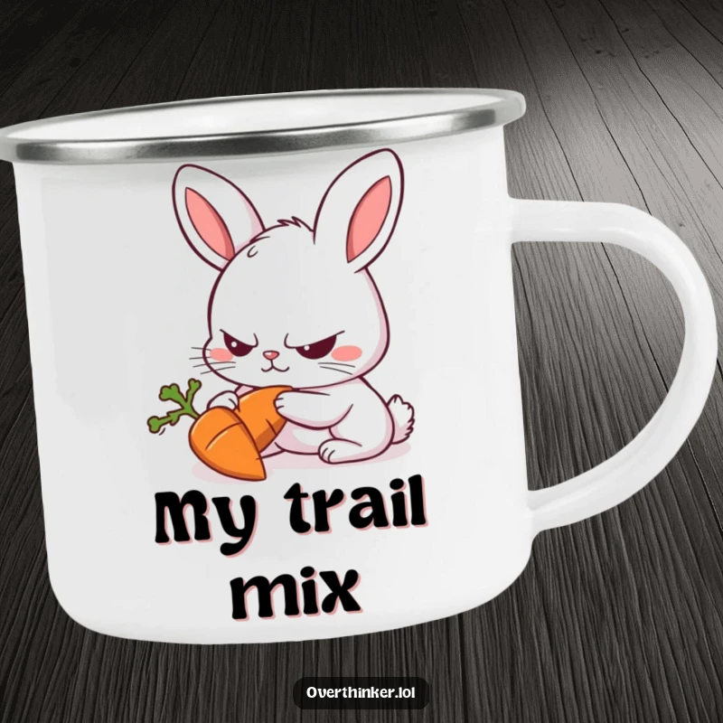 Funny Rabbit Camping Mug: a rabbit with a furrowed brow intensely staring at a carrot, perfect for outdoor humor.