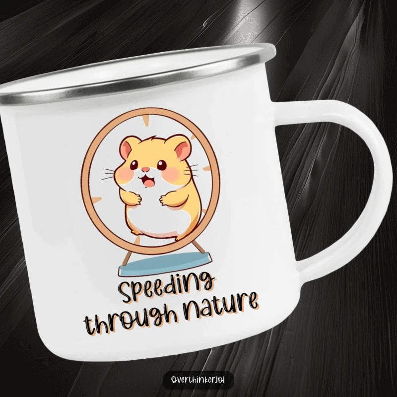Funny camping mug featuring a stressed hamster running on its wheel, perfect for outdoor enthusiasts.