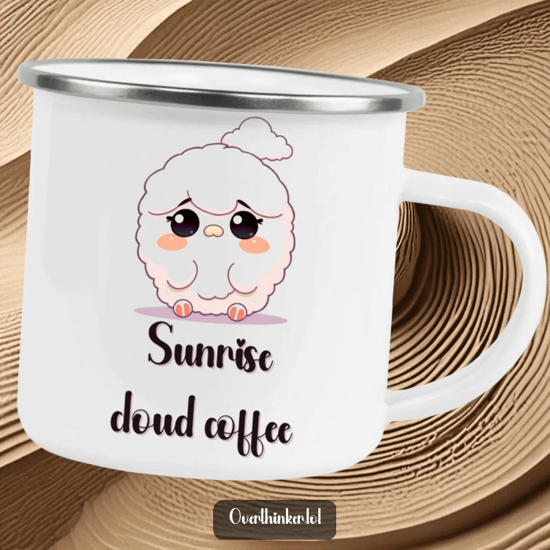 Funny camping mug featuring a fluffy character squinting at a distant cloud formation, perfect for outdoor contemplation and whimsy.