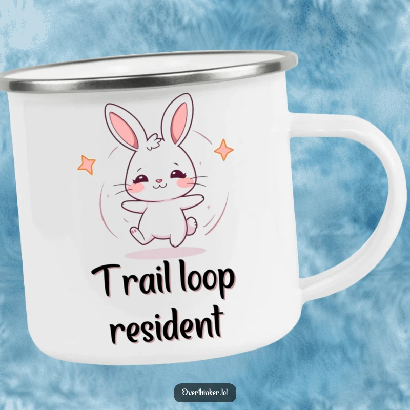 Funny Kawaii rabbit camping mug showing a cute rabbit spinning in confusion, perfect for outdoor humor and drinks.