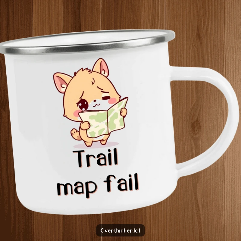 Funny camping mug featuring a cute, confused animal character holding a map upside down, ready for outdoor adventures.
