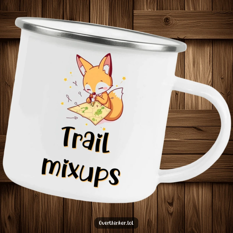 Funny fox camping mug with a frantic character drawing paths on a tiny map, designed for humorous outdoor journeys. Great gift.