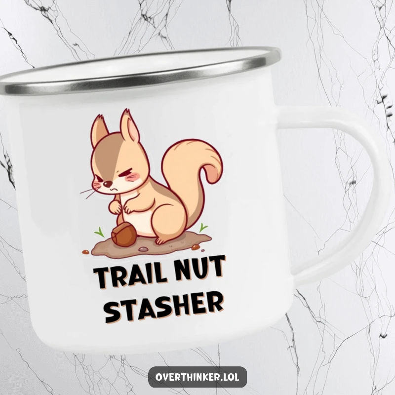 Funny Kawaii squirrel camping mug showing a cute squirrel burying a nut and looking around nervously, perfect for outdoor humor and drinks.