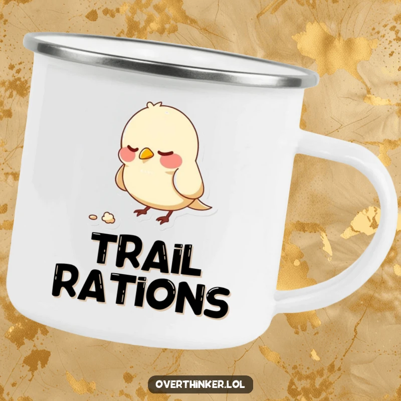 Funny camping mug depicting a bird character nervously pecking at a single crumb, perfect for moments of intense, small-scale focus.