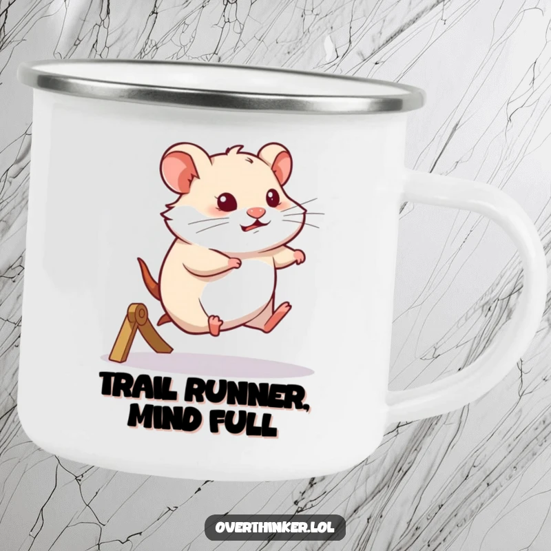 Funny camping mug featuring a hamster running on a wheel with a thoughtful expression, perfect for reflective outdoor moments.