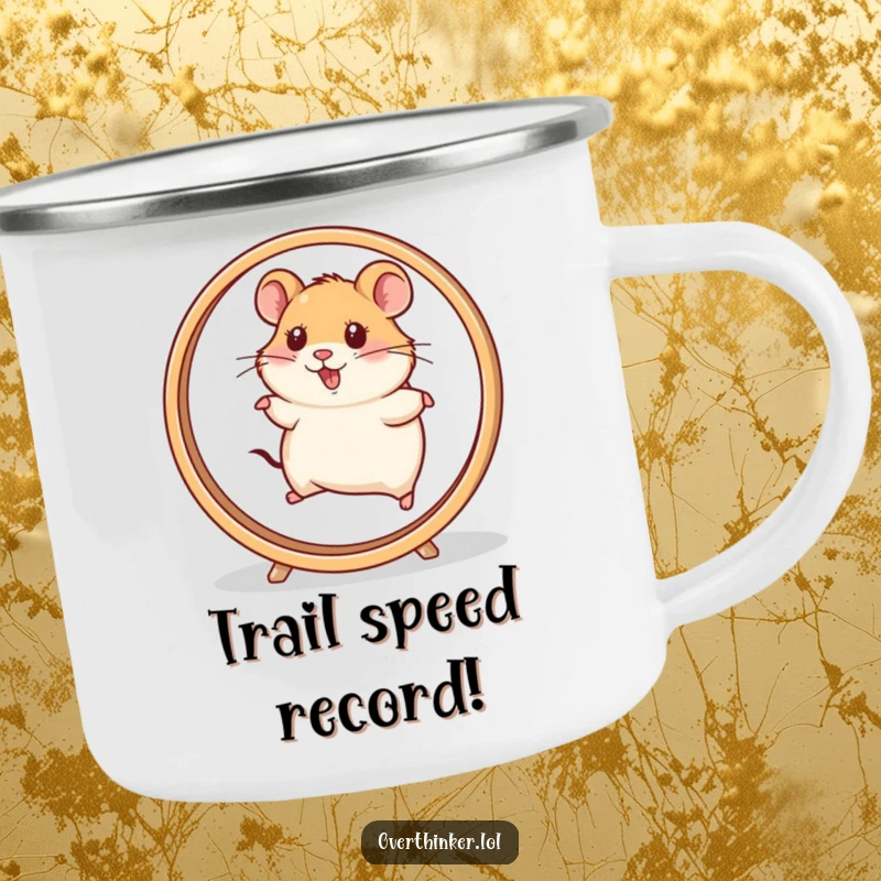 Funny Hamster Camping Mug with a hamster character running on a very fast spinning wheel, ready for outdoor fun. Humorous and durable.