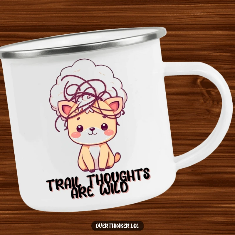 Funny kawaii camping mug with a cute animal character surrounded by tangled thoughts, ideal for outdoor contemplation and warm drinks.