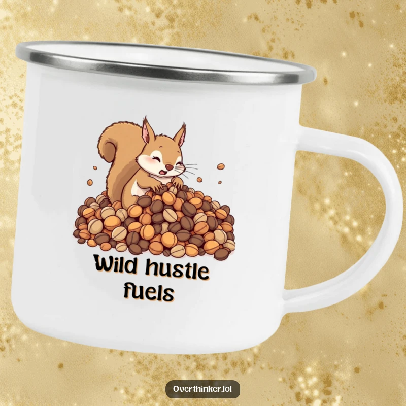 Funny camping mug with a cute squirrel frantically organizing a pile of nuts in an outdoor setting. Durable and humorous for adventurers.