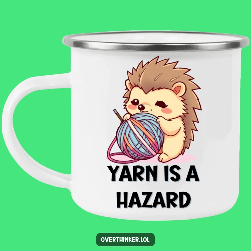 Funny Kawaii Hedgehog Camping Mug: Yarn Trouble, Humorous Outdoor Craft Gift