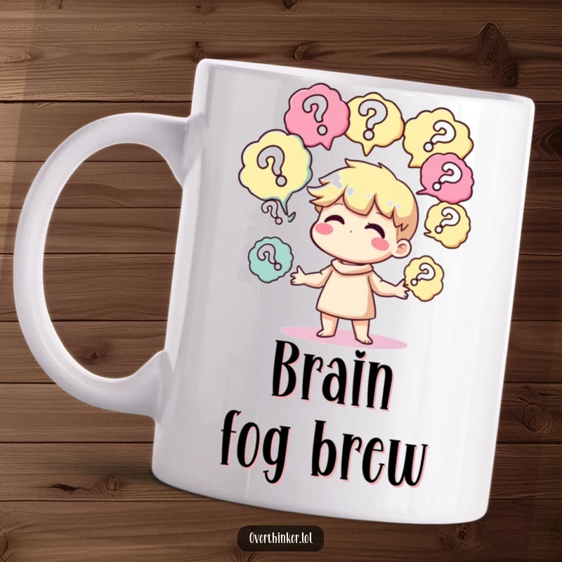 Funny mug featuring a character comically juggling several thought bubbles, each filled with question marks, symbolizing confusion.