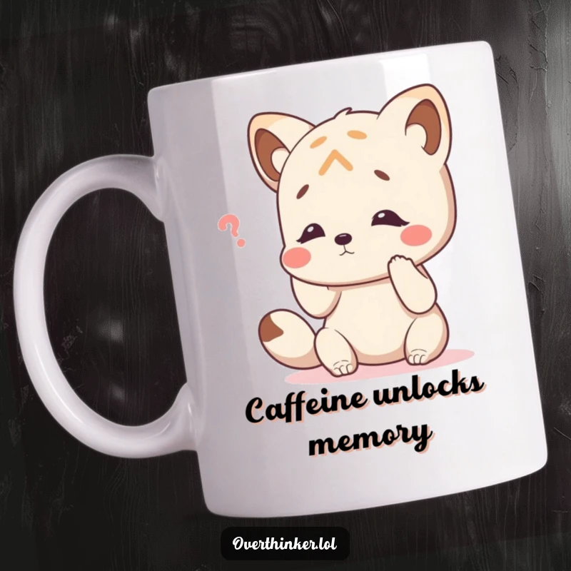 Funny mug showing an adorable animal character comically tapping its head, trying hard to remember something important.