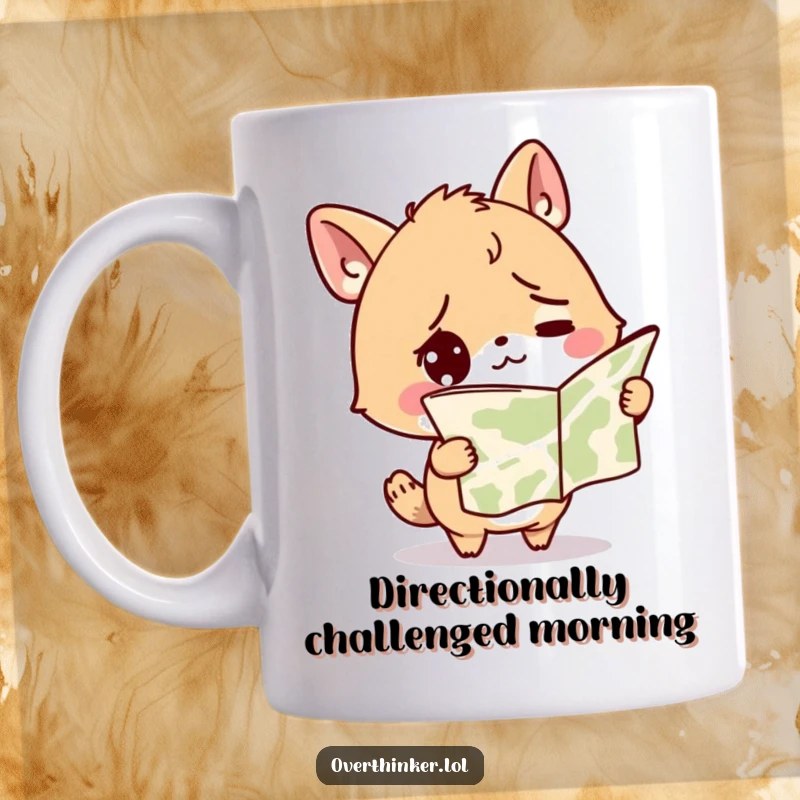 Funny mug featuring a cute, confused animal character holding a map upside down, looking utterly lost and perplexed.