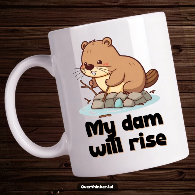 Funny mug showing a diligent beaver struggling to build a dam with only tiny twigs, symbolizing hard work and perseverance.