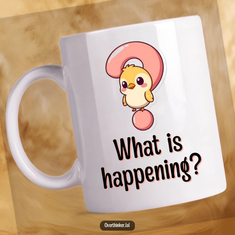 Funny mug showing a small bird with its head stuck in a giant question mark, symbolizing curiosity and confusion.