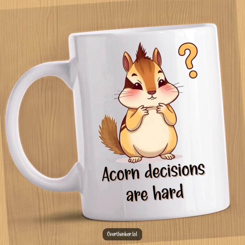 Funny chipmunk mug showing an overthinking chipmunk trying to decide which stripe to paint first, symbolizing perfectionism.
