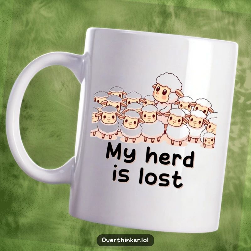 Funny mug depicting a sheep character attempting to count a herd of identical, confused sheep, symbolizing chaos and futility.