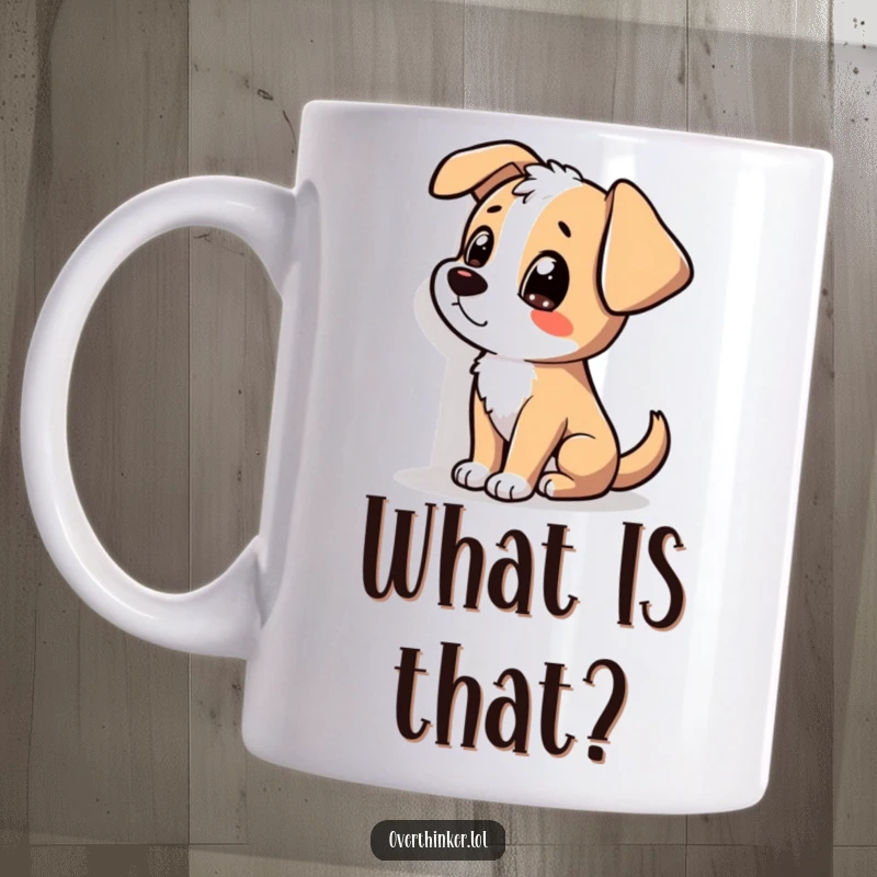 Funny mug featuring a dog tilting its head, intently staring at a mysterious shadow on the wall, capturing canine curiosity.
