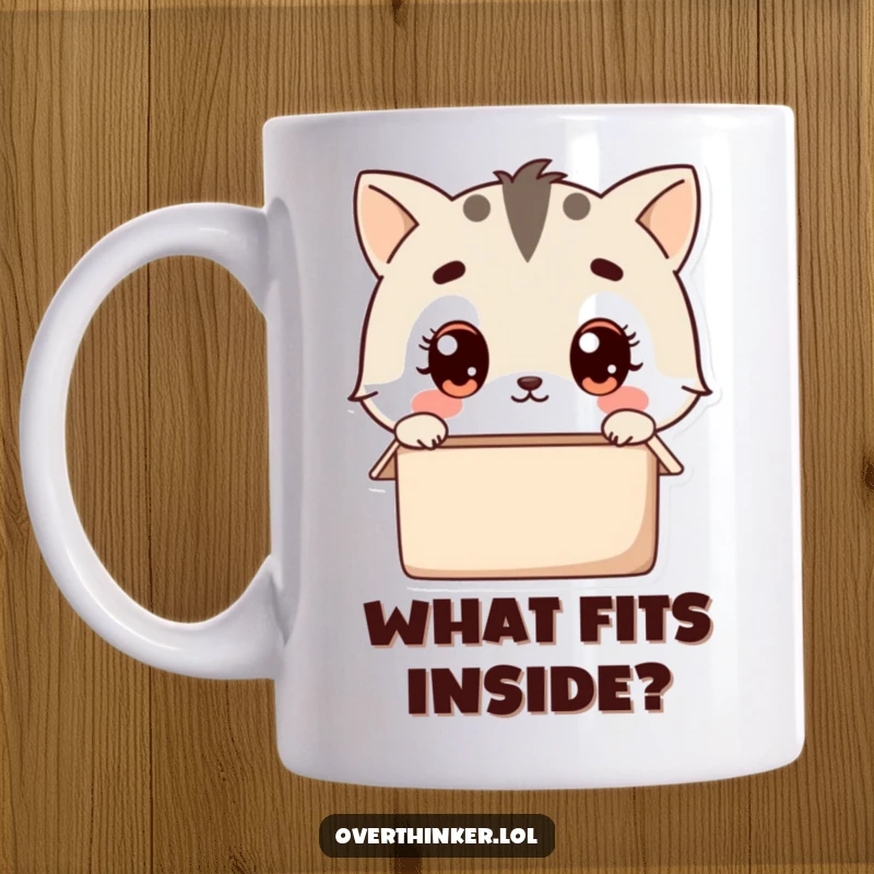 Funny kawaii mug depicting a cute animal character with wide eyes, pondering the mystery of an empty box, symbolizing curiosity.