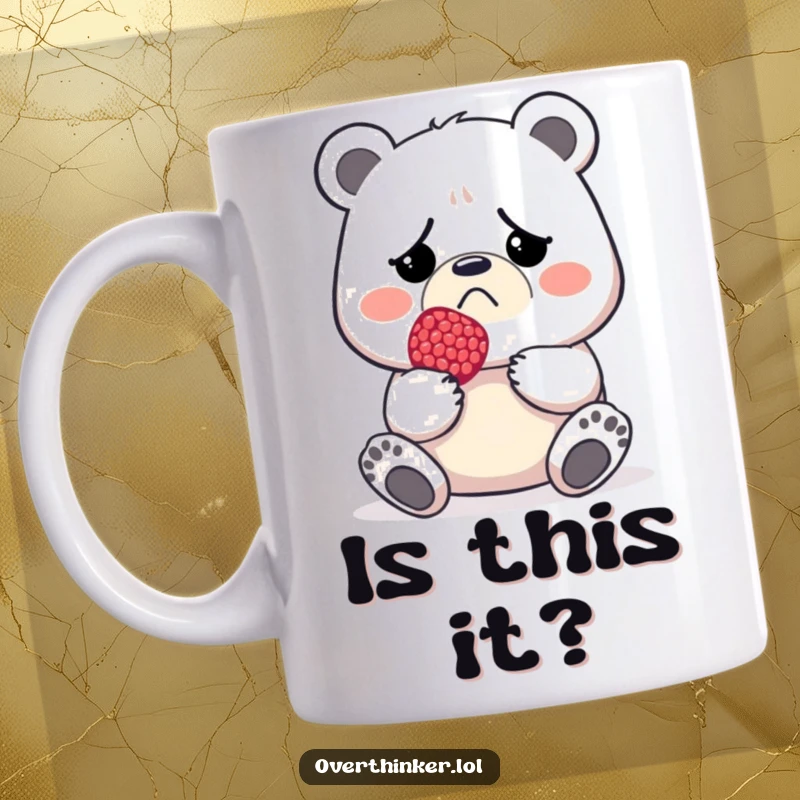 Funny mug featuring a grumpy bear frowning while holding a single, minuscule berry.