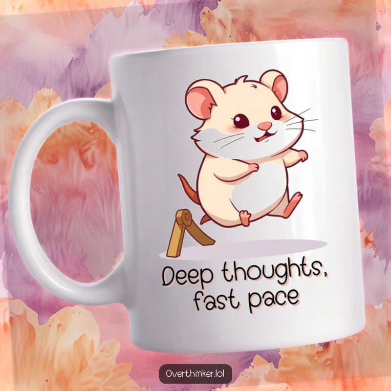 Funny mug featuring a hamster running on a wheel with a pensive expression, symbolizing deep thought amidst busyness.