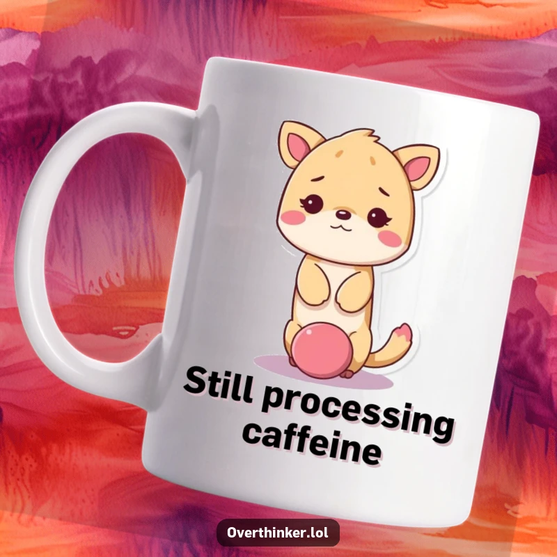 Funny kawaii animal mug showing a cute animal with its head stuck in a giant question mark, looking utterly dazed.