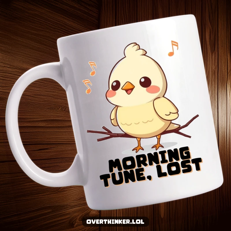 Funny Kawaii bird mug, a cute character mid-song, hilariously forgetting the ending with a perplexed expression.