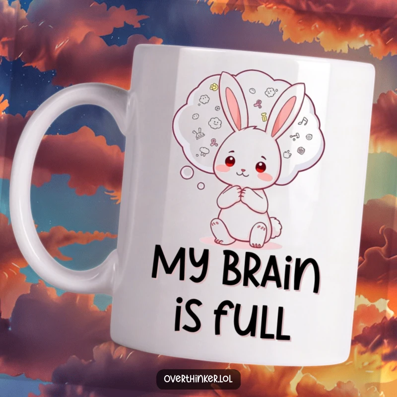 Funny Kawaii rabbit mug featuring a cute character holding a large thought bubble filled with tiny worries, symbolizing relatable anxiety and humor.