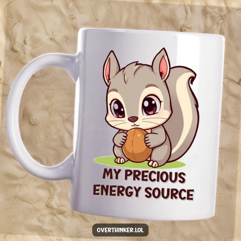 Funny Kawaii squirrel mug with huge eyes intensely focused on a single acorn, embodying adorable obsession and making a great humorous gift.