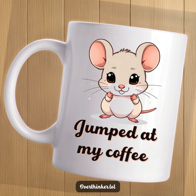 Funny mug showing a tiny mouse with wide, darting eyes, sensing imagined dangers in its surroundings.