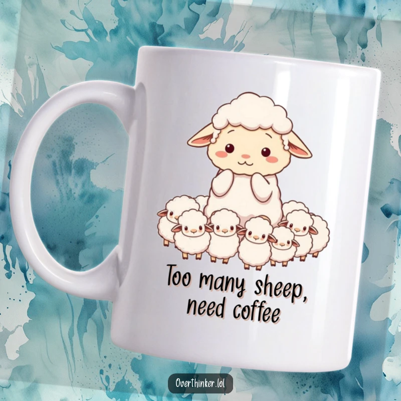 Funny mug of a sheep character looking stressed while counting an excessive amount of sheep, symbolizing overwhelm.