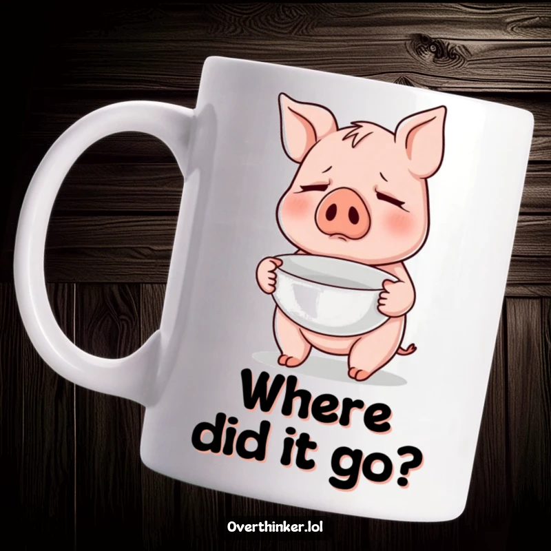 Funny mug featuring a nervous pig clutching a small, empty bowl, representing hunger and anticipation, perfect for foodies.
