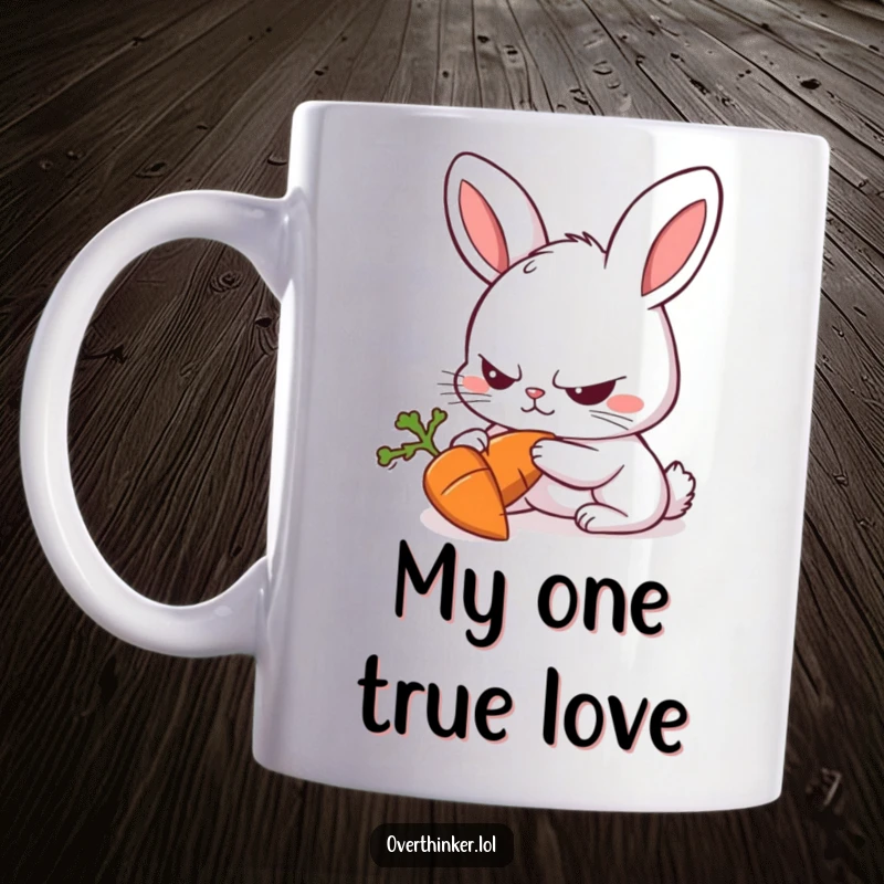 Funny Rabbit Mug featuring a furrowed-brow rabbit intensely staring at one carrot, a humorous gift for food lovers.