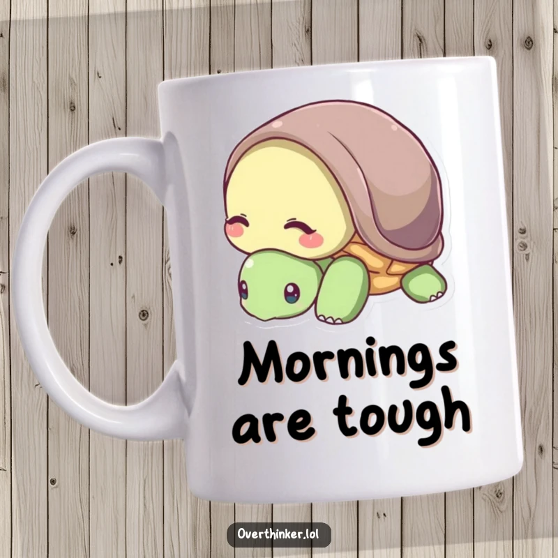 Funny mug featuring a shy turtle character partially hiding its head inside its shell.