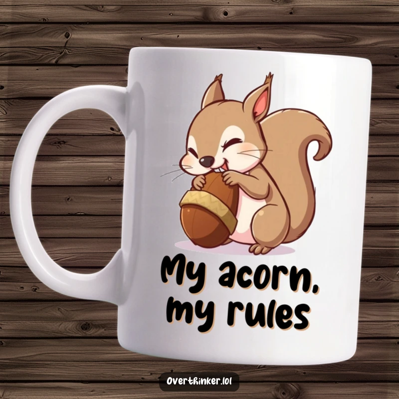 Funny squirrel wearing a slightly terrified expression while attempting to chew an enormous acorn on a coffee mug.