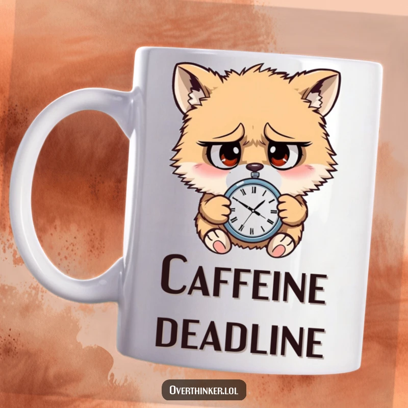 Funny mug featuring a cute, furry animal with big worried eyes, frantically checking a tiny wristwatch, looking stressed.