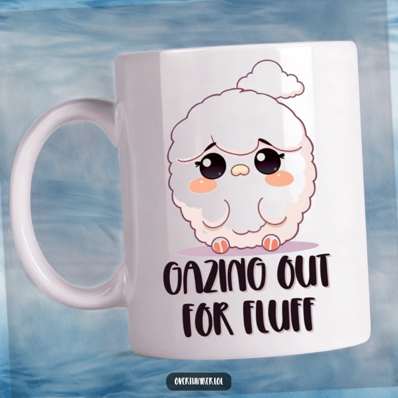 Funny mug showing a cute fluffy character squinting at a faint, distant cloud formation, lost in thought and wonder.