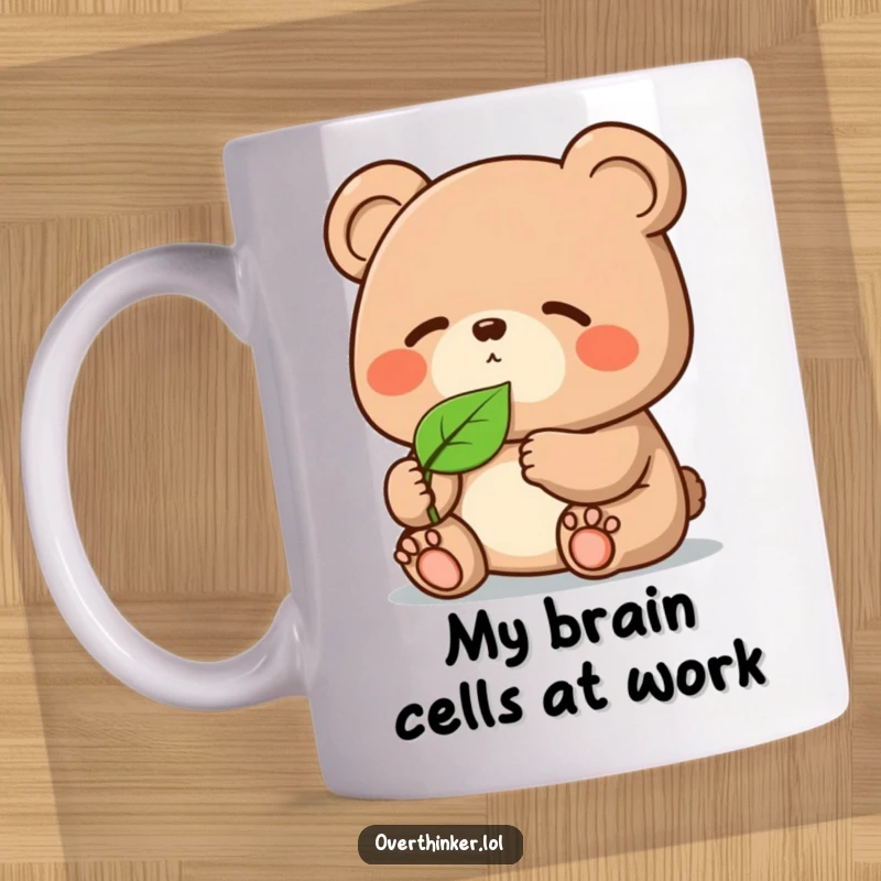 Funny Kawaii bear mug, a cute character intensely focused on a single floating leaf, capturing deep thought and gentle humor.