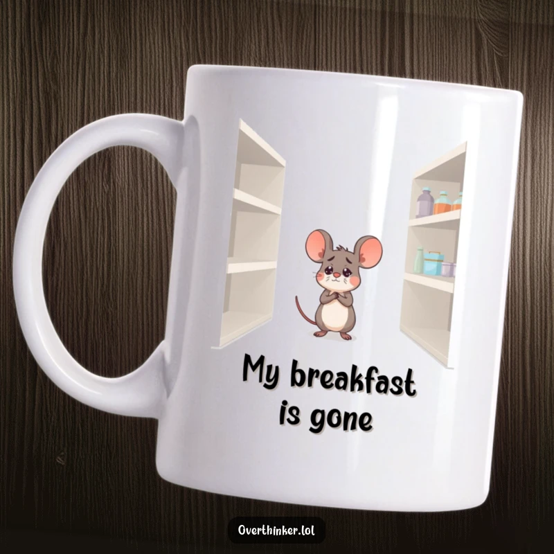 Funny mug showing a worried mouse staring at an empty pantry shelf, capturing the relatable fear of snack absence.